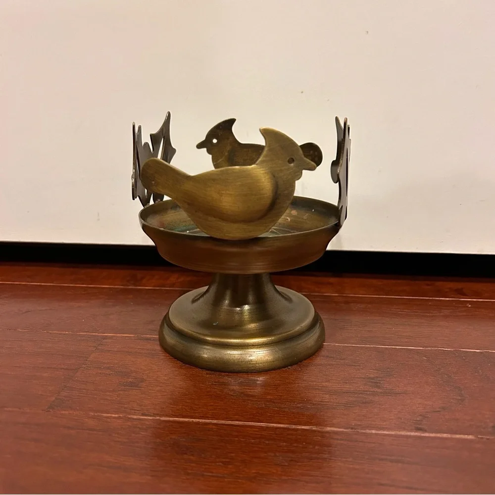 Vintage Brass Birds Flower Pedestal Decorative Tray Candle Holder Cutout Rim